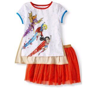 DC Superhero Girls Detachable Cape Tee and Tutu Skirt 2 Piece Outfit Set